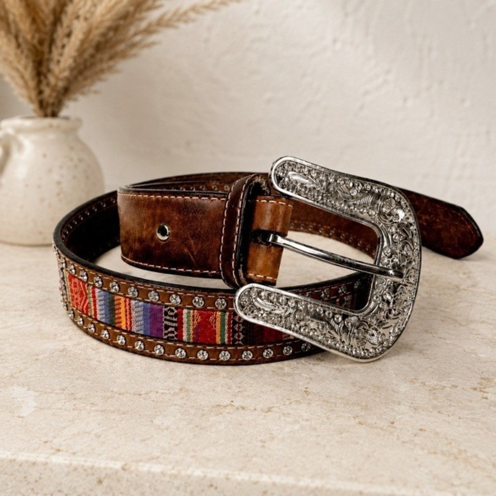 Nocona Brown Leather Western Belt 32 Multicolor Inlay Crystal Buckle 1.5"‎